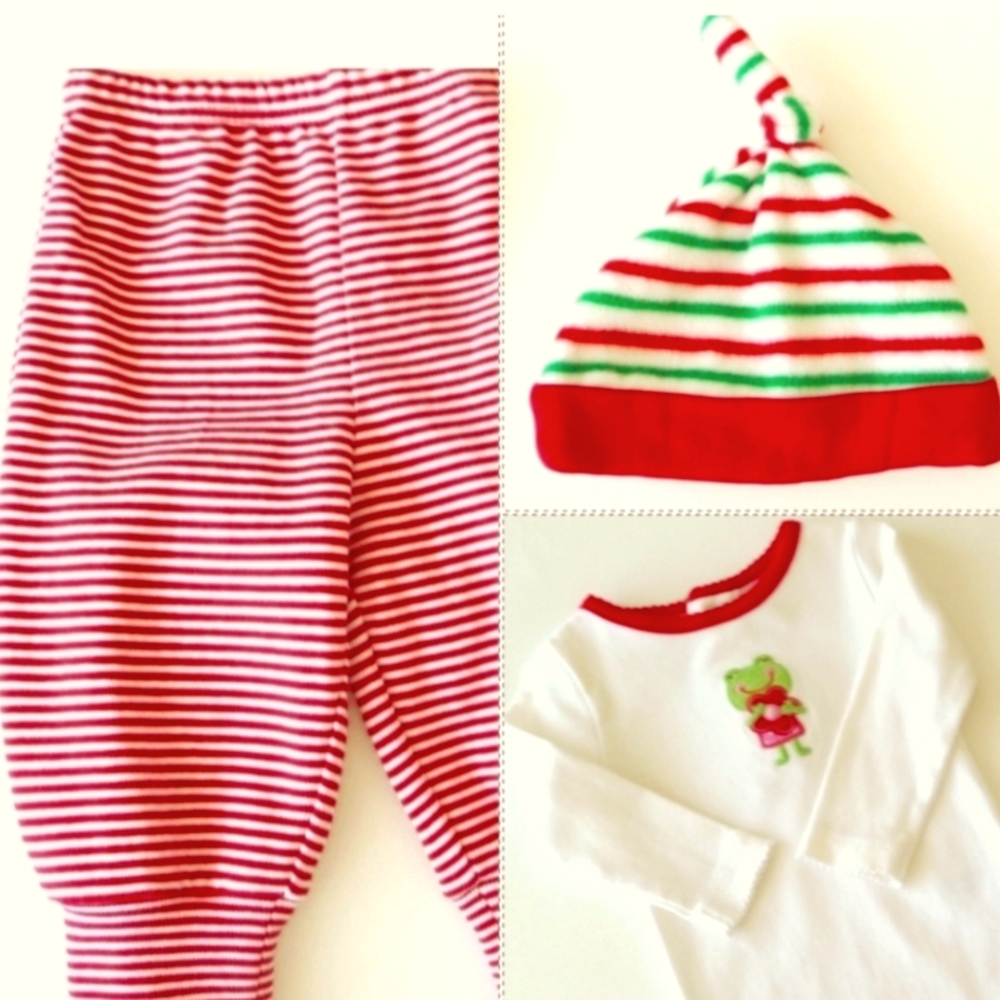 Christmas Unisex Red White Green Onesie Stripes Pants Beanie Hat